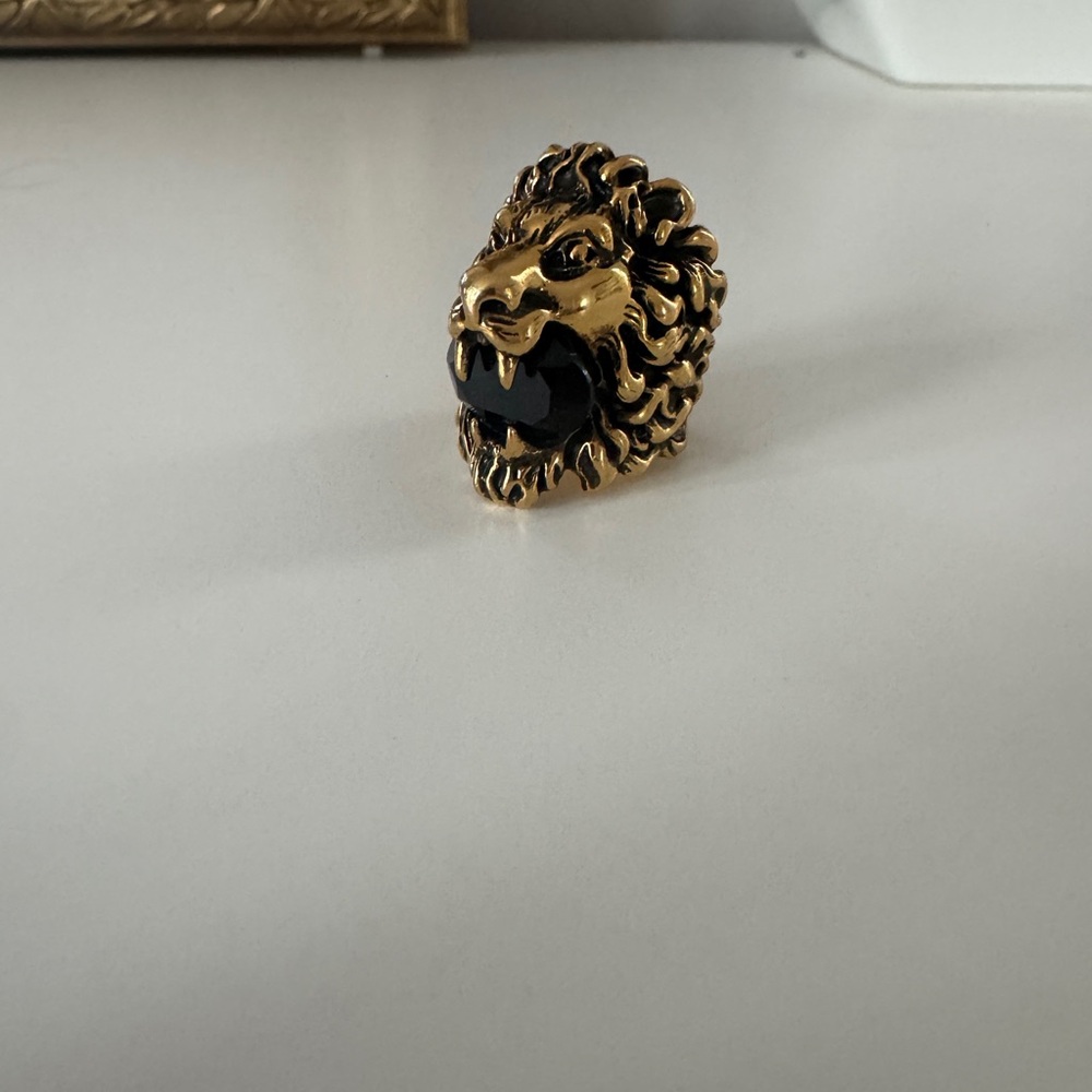 Gucci Gold Lion Ring W/ Black Stone